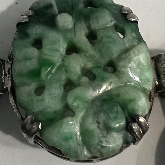 Antique Art Deco Bracelet Carved Green White Jadeite Sterling Chinese Export - Picture 5 of 13